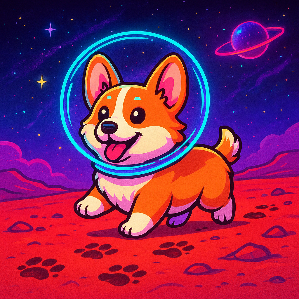 Corgi in a bubble helmet leaving pawprints on red Mars surface