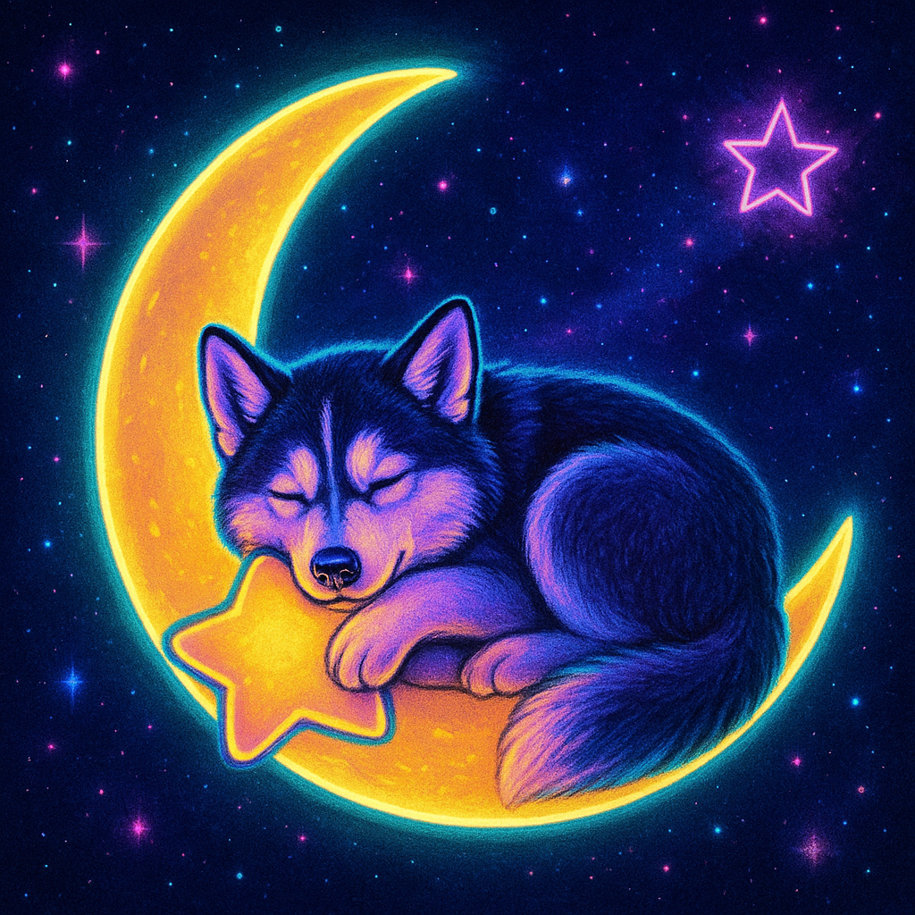 Husky sleeping on a glowing crescent moon, star pillow under head
