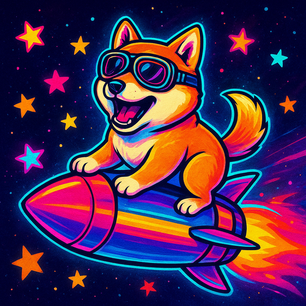 Shiba Inu with goggles riding a neon rocket through stars