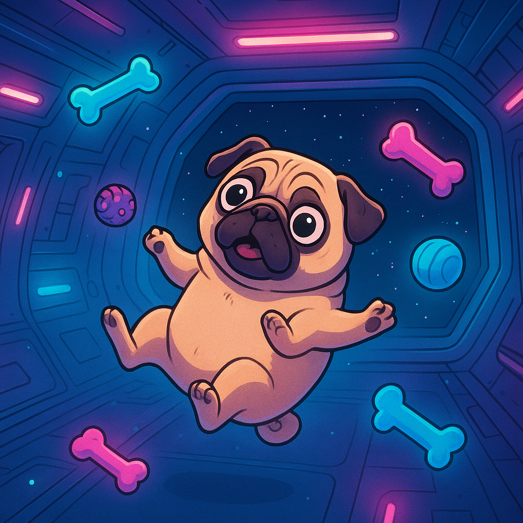 Pug spinning weightless in a spaceship, surrounded by floating bones