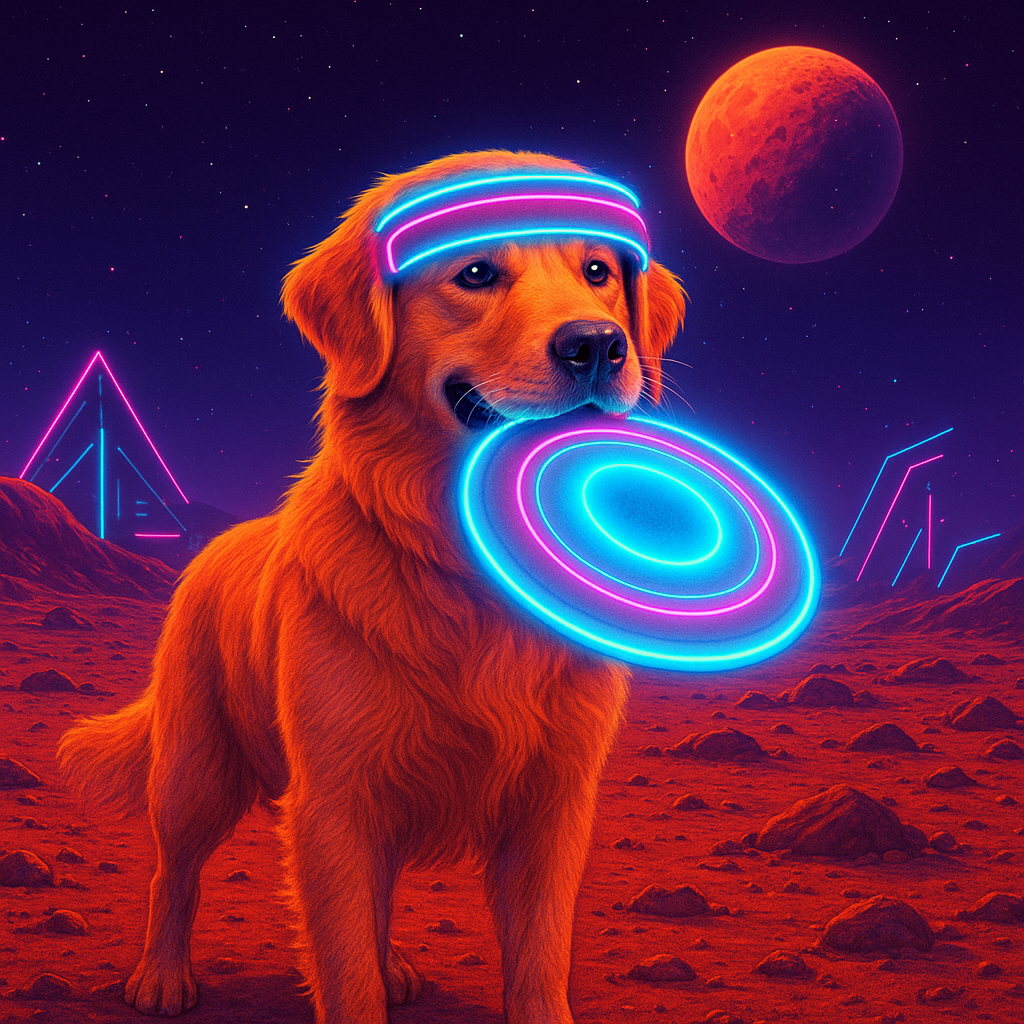 Star Barker, a golden retriever in a neon visor, holding a glowing frisbee on Mars