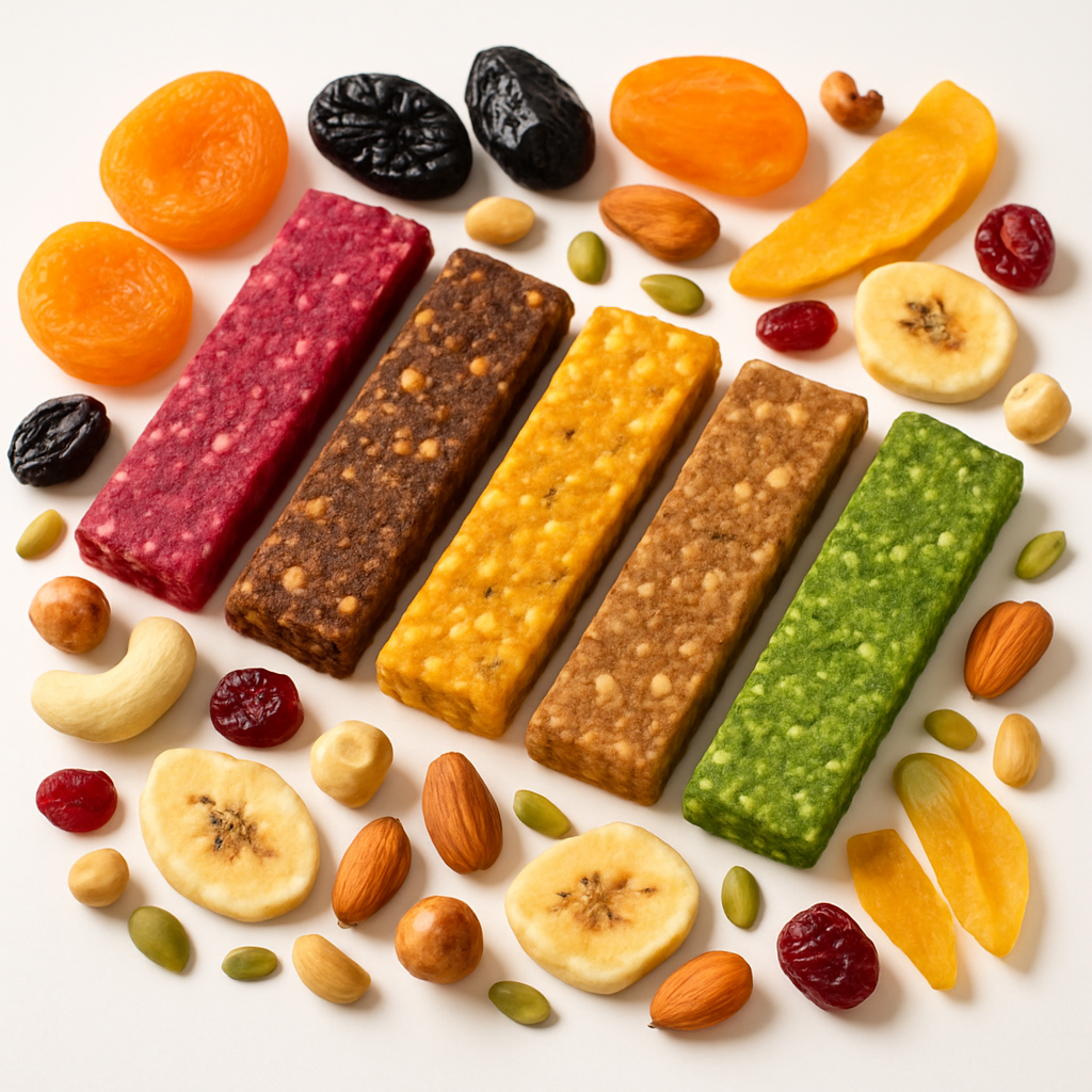 Colorful assortment of healthy snack bars and dried fruits, cheerful and wholesome vibe