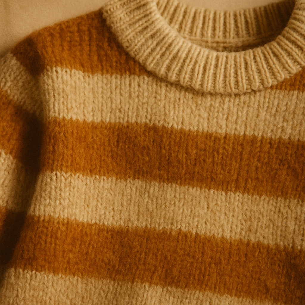 Close-up of a vintage knit sweater with mustard and cream stripes, soft grain texture