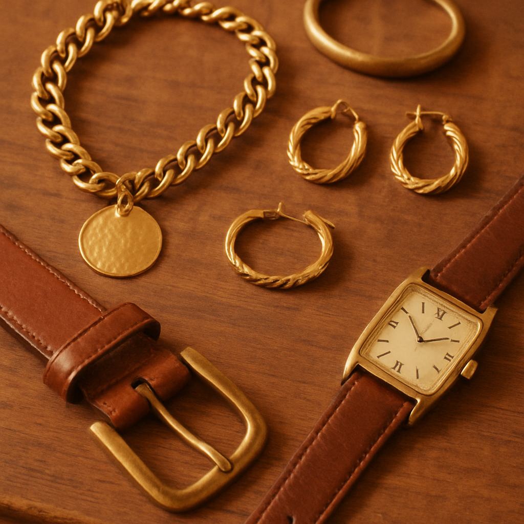 Curated 80s accessories laid on a wooden table, muted gold jewelry and leather details