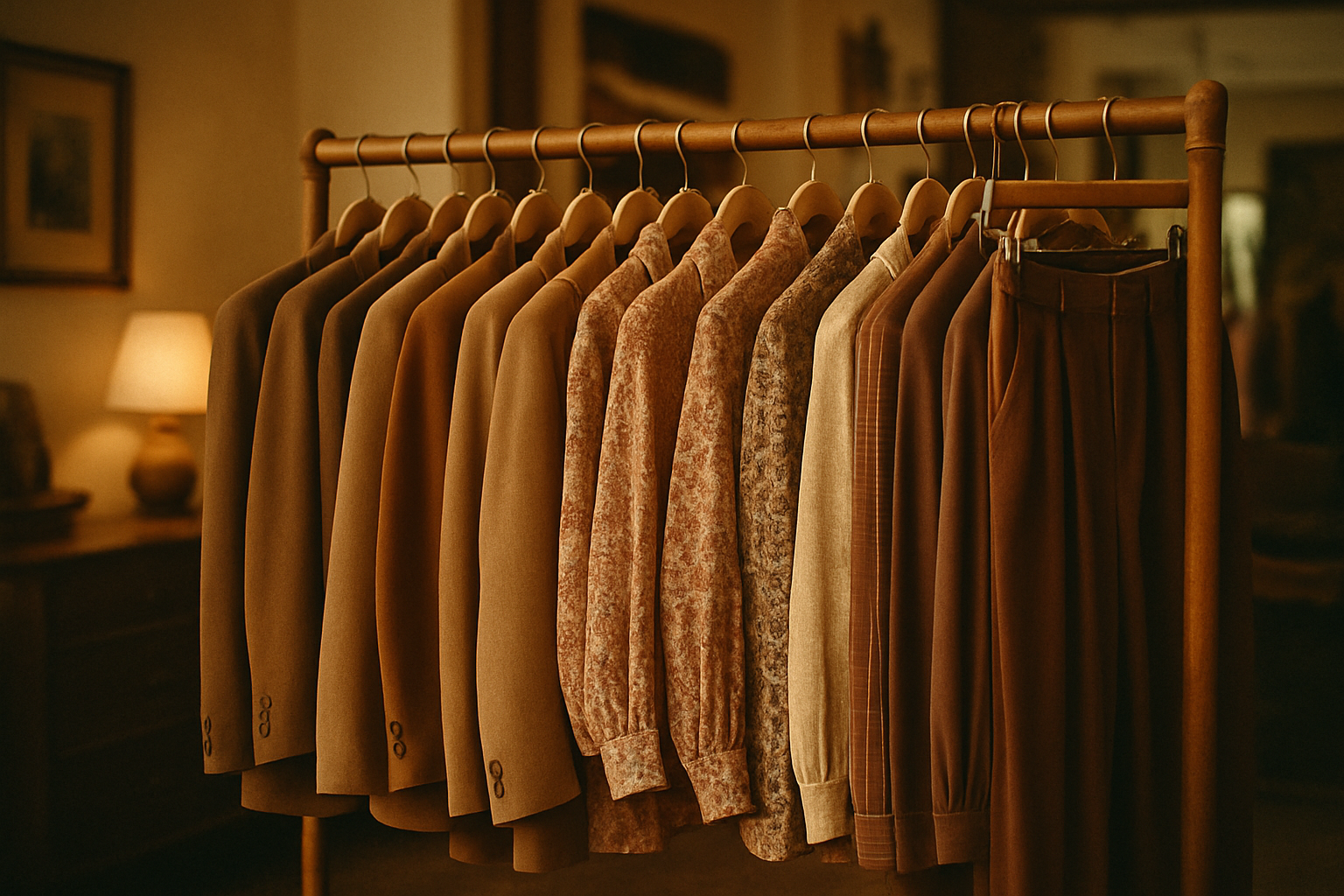 Warm boutique rail with curated 70s and 80s garments, soft film lighting, earthy tones