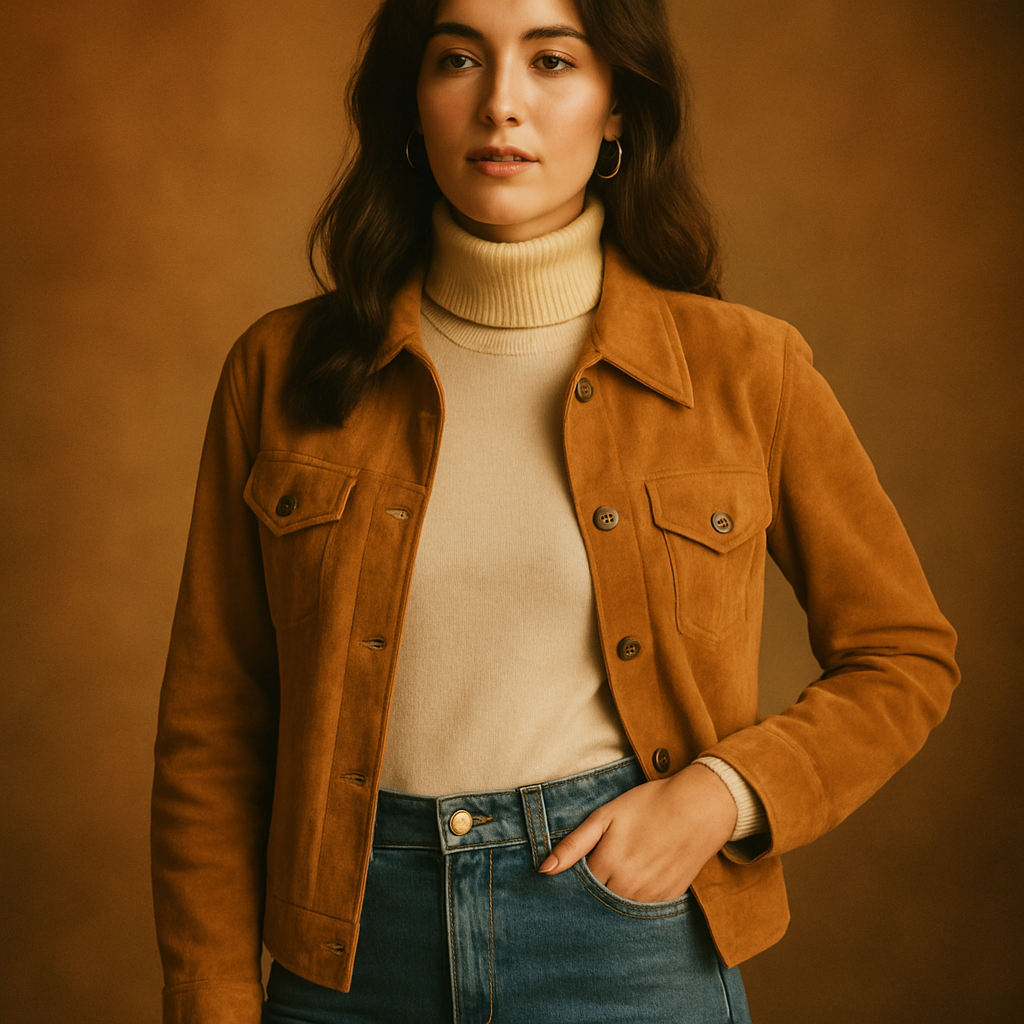 Model wearing a camel suede jacket and high-waisted denim in a warm, film-lit studio