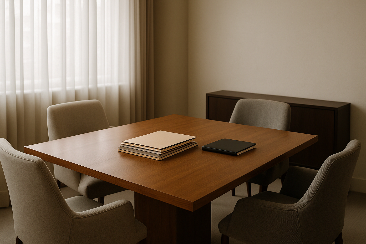 Calm modern law office consultation room with a polished wooden table, soft natural light through sheer curtains, neutral upholstery, and subtle legal folders arranged neatly