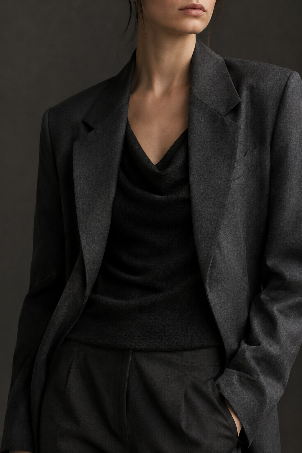 Close-up editorial fashion photograph of a model wearing a structured dark blazer and soft draped knit top in studio lighting
