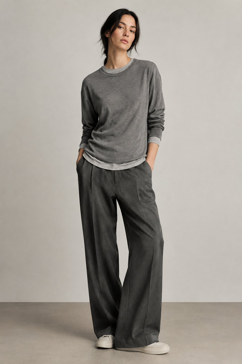 Layered long-sleeve tee in tonal grey with a modern street-luxe look