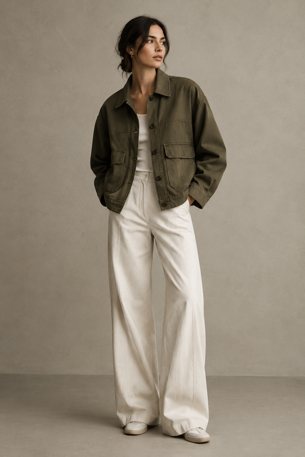 Boxy olive utility jacket with clean seam detailing in an editorial pose