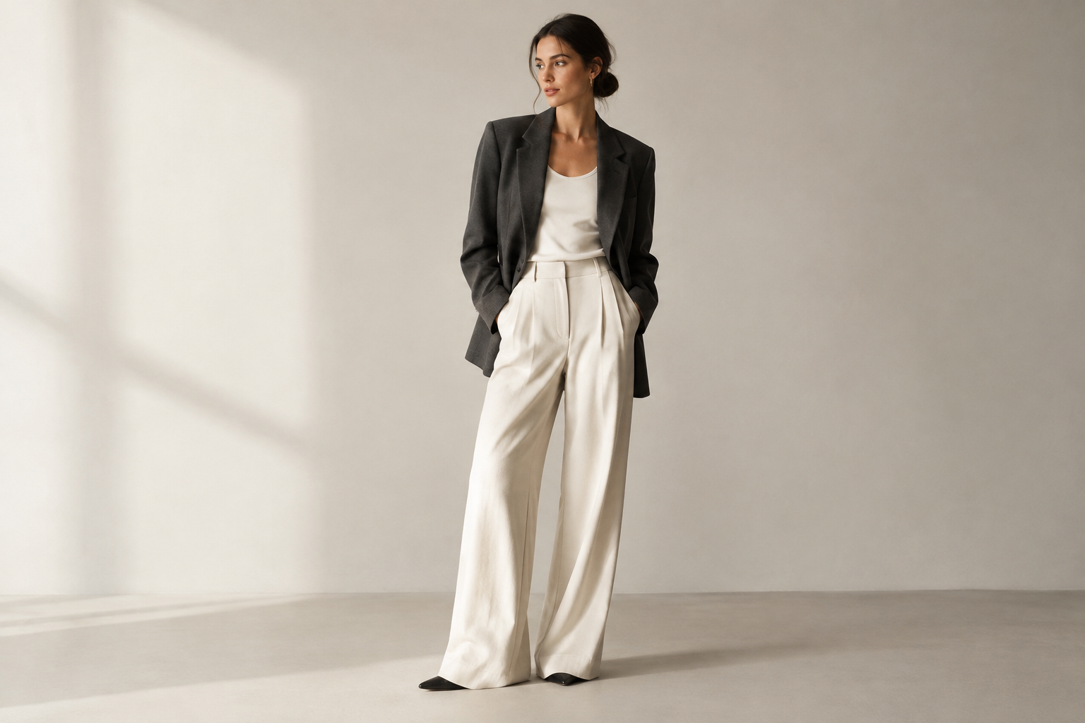 Editorial fashion scene with a model in modern neutral-toned essentials, structured blazer, and tailored trousers in a minimalist studio