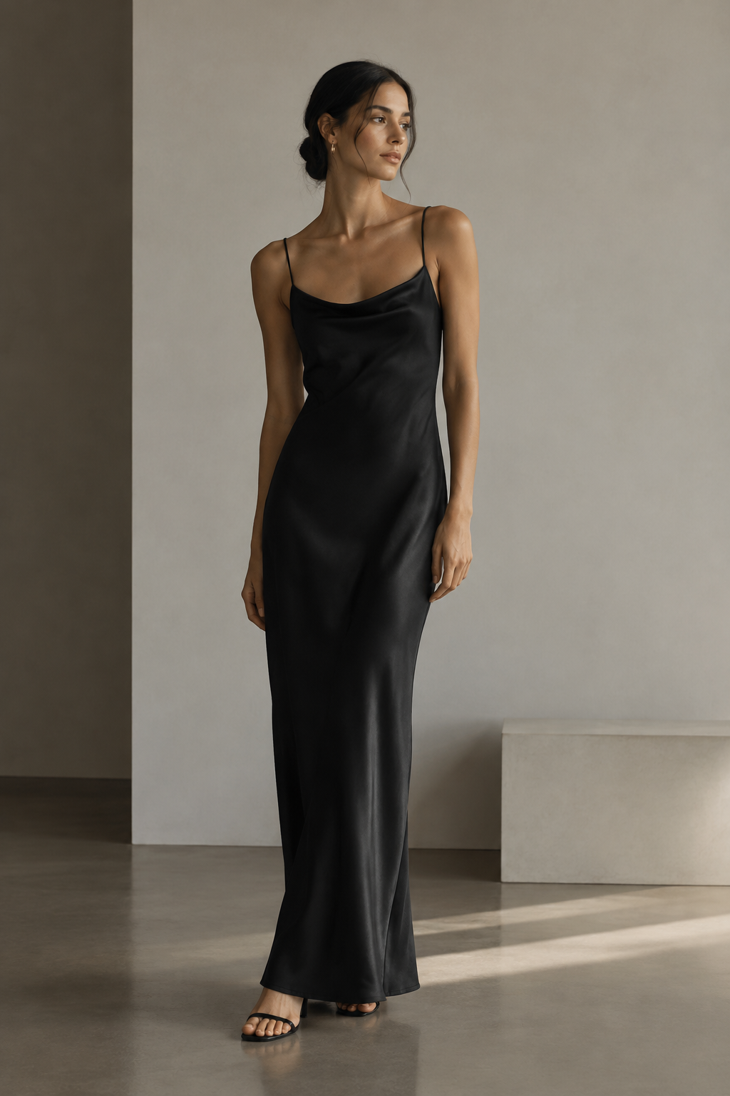 Minimal black slip dress with slim straps in a soft-lit interior