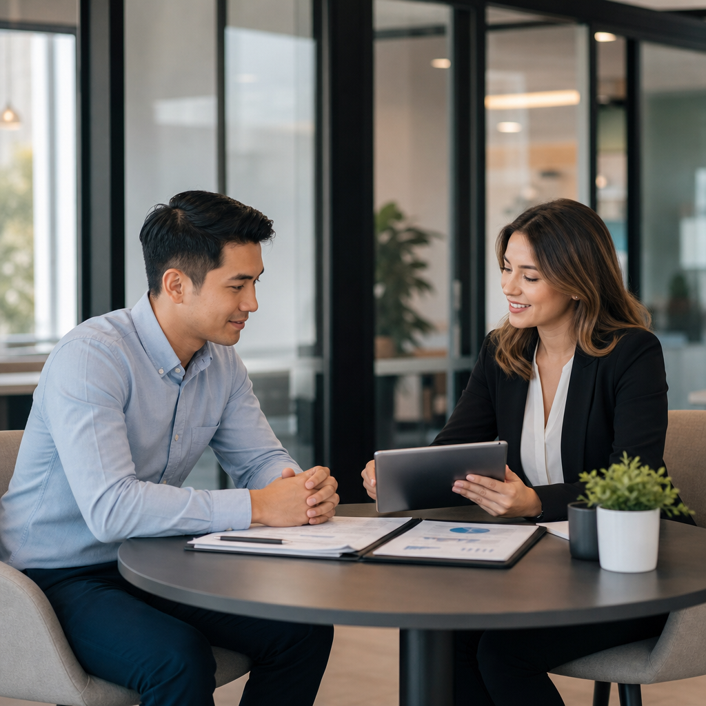 Finance job seeker reviewing opportunities with a recruiter in a modern office