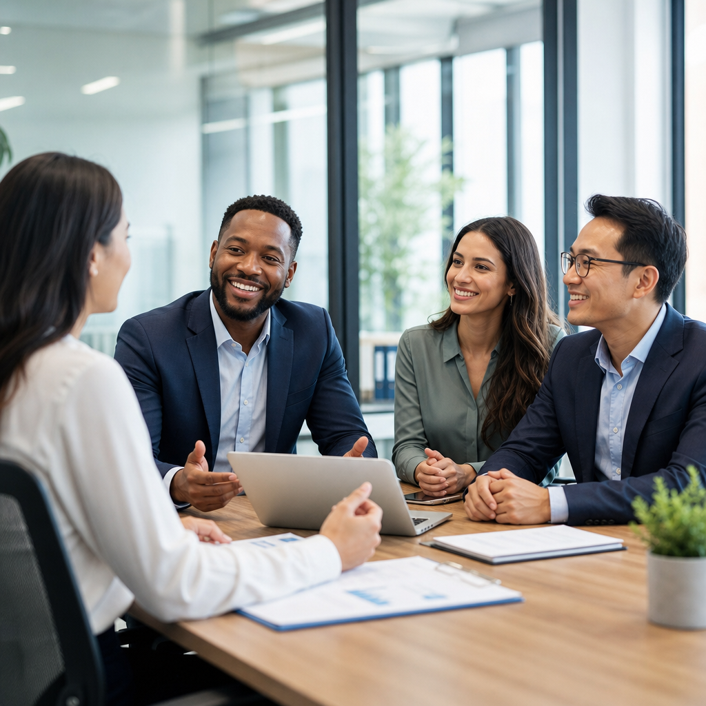 Professional finance recruiter speaking with two candidates in a modern office, reviewing a resume on a tablet
