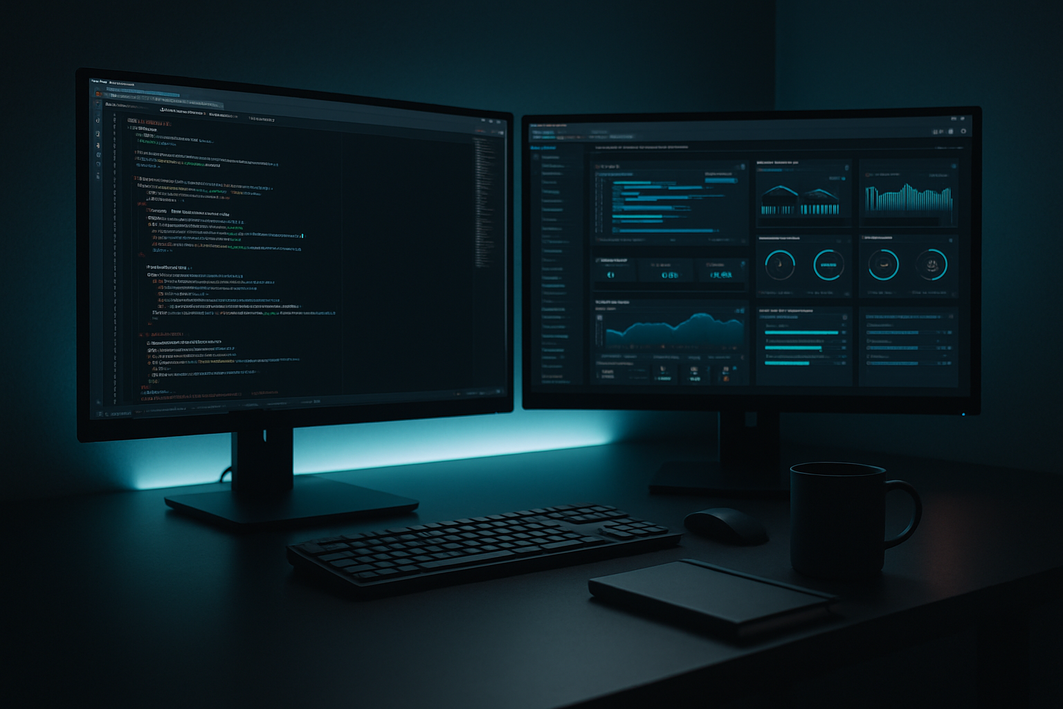 Full stack developer in a modern workspace with dual monitors displaying code and system dashboards