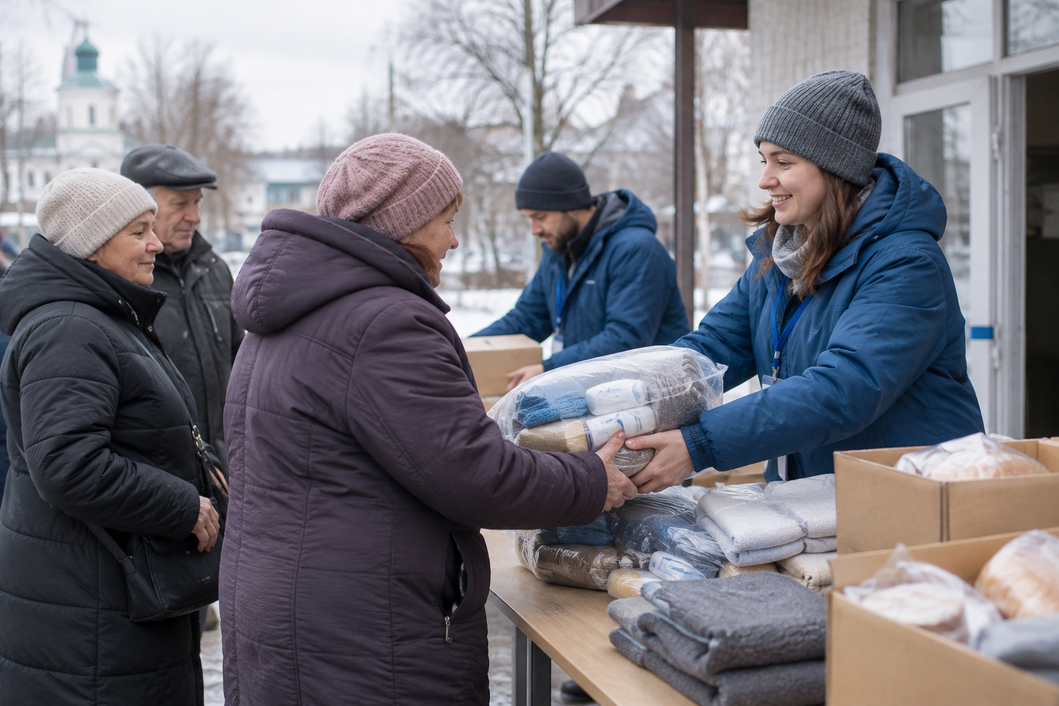 Neighbors in Chernihiv meeting a volunteer at a community center to collect neatly packed winter essentials.
