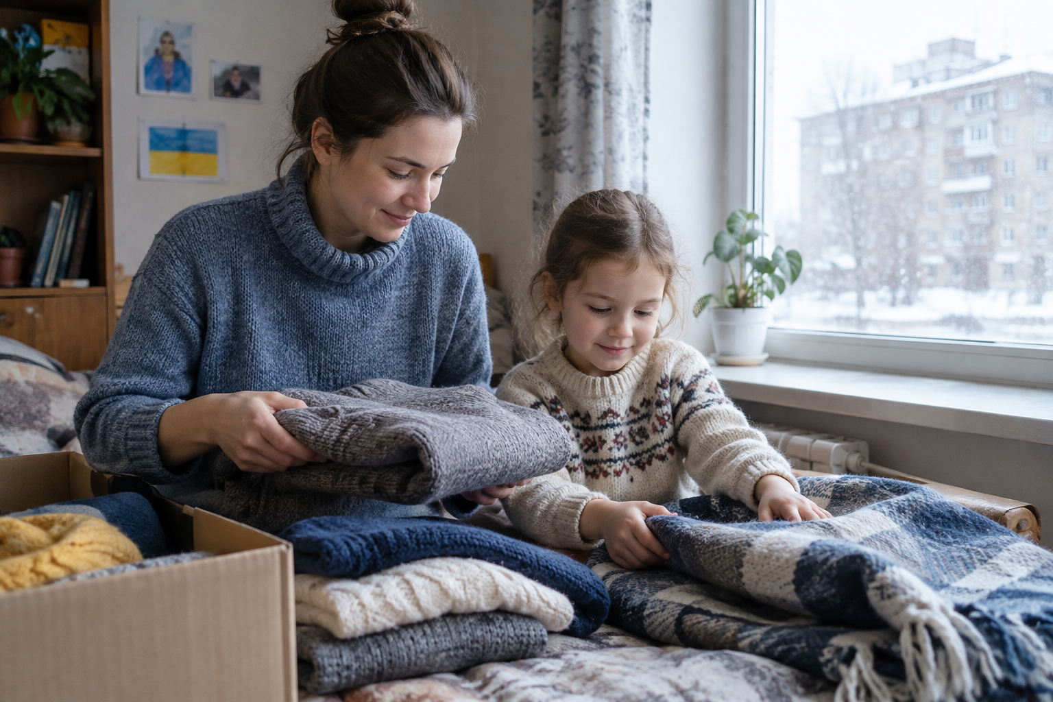 A Ukrainian mother and her young child sorting warm sweaters together in a modest, sunlit home near Kharkiv.