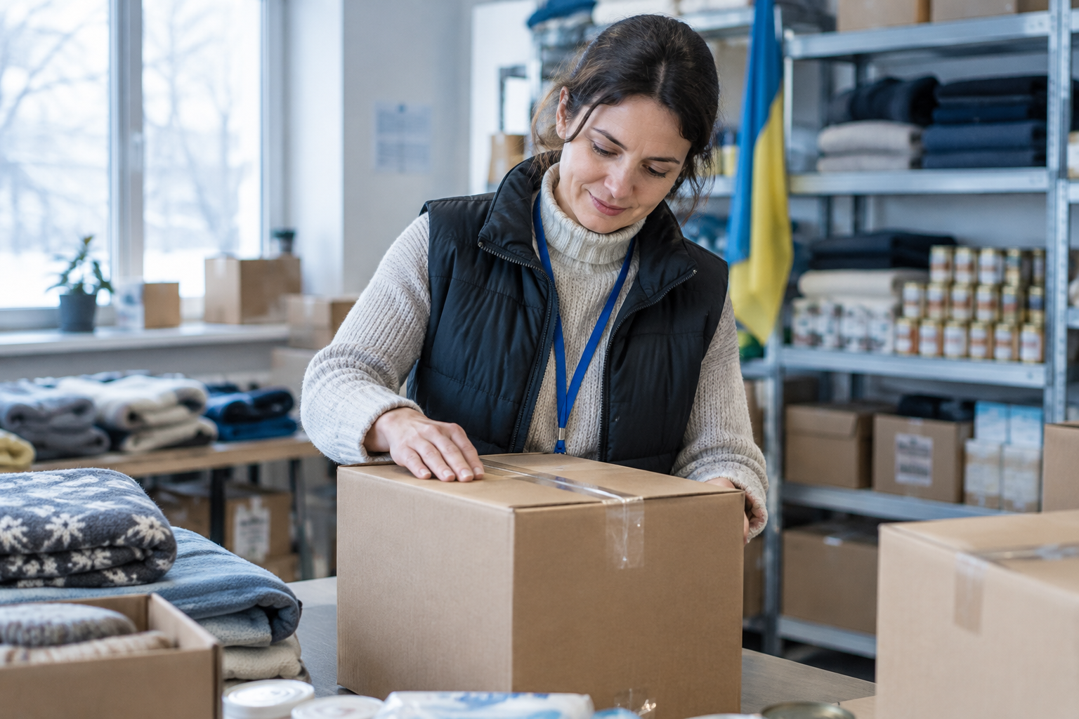 Volunteer Iryna at a community packing space, checking a box of winter supplies before the weekly delivery run.