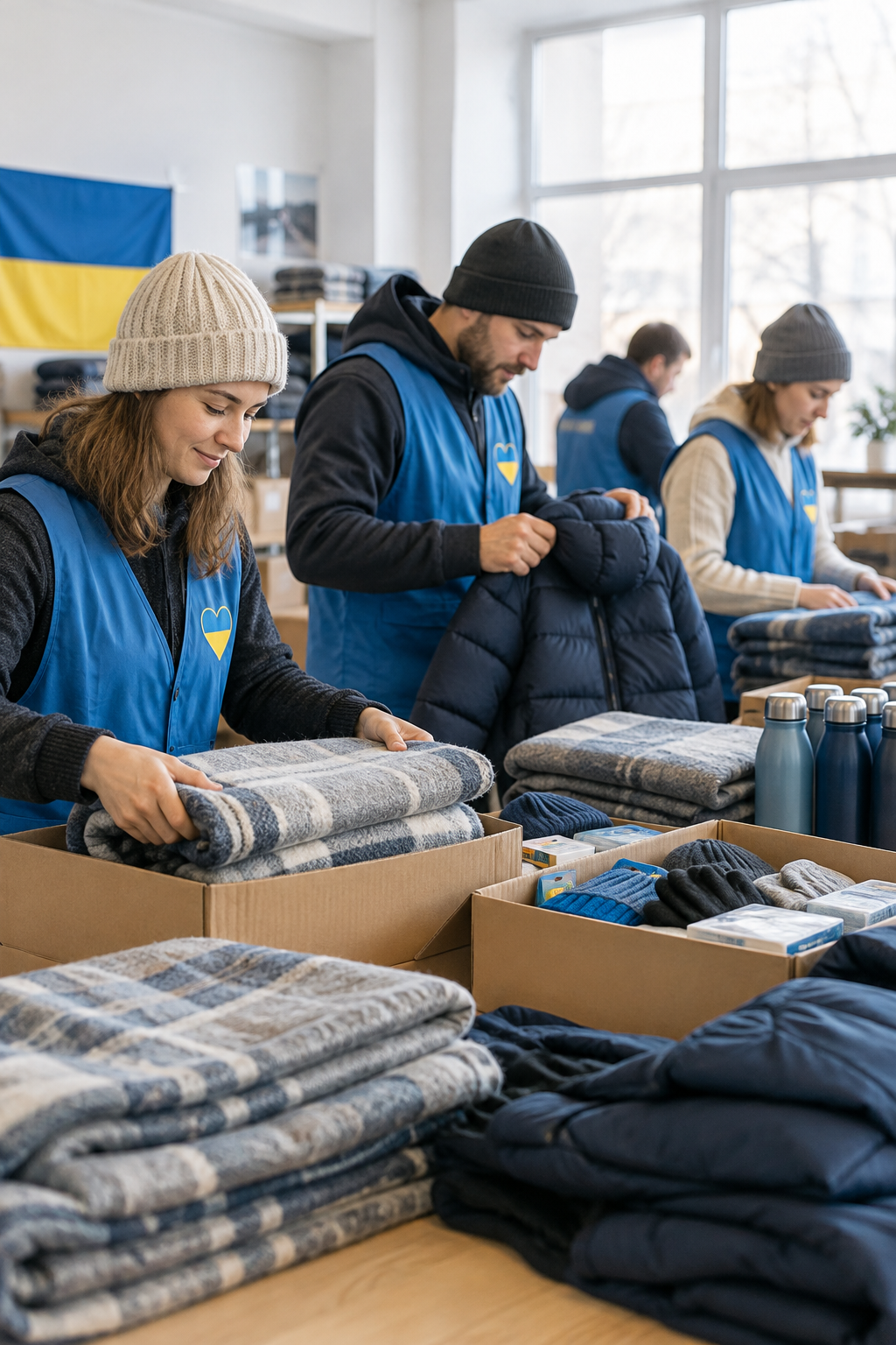 Volunteers sorting blankets, warm clothing, and winter supply kits at a community packing table in Ukraine.
