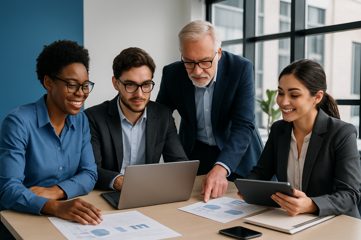 Our team collaborating in a modern office setting, with diverse professionals discussing project plans