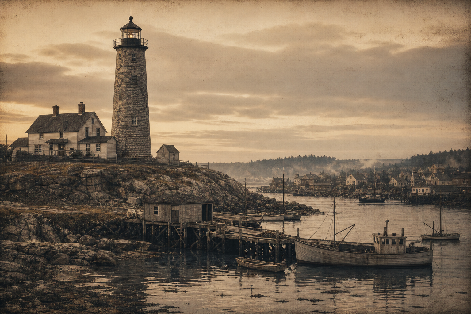 Faded archival photograph of a northern coast lighthouse above a working harbor at dusk