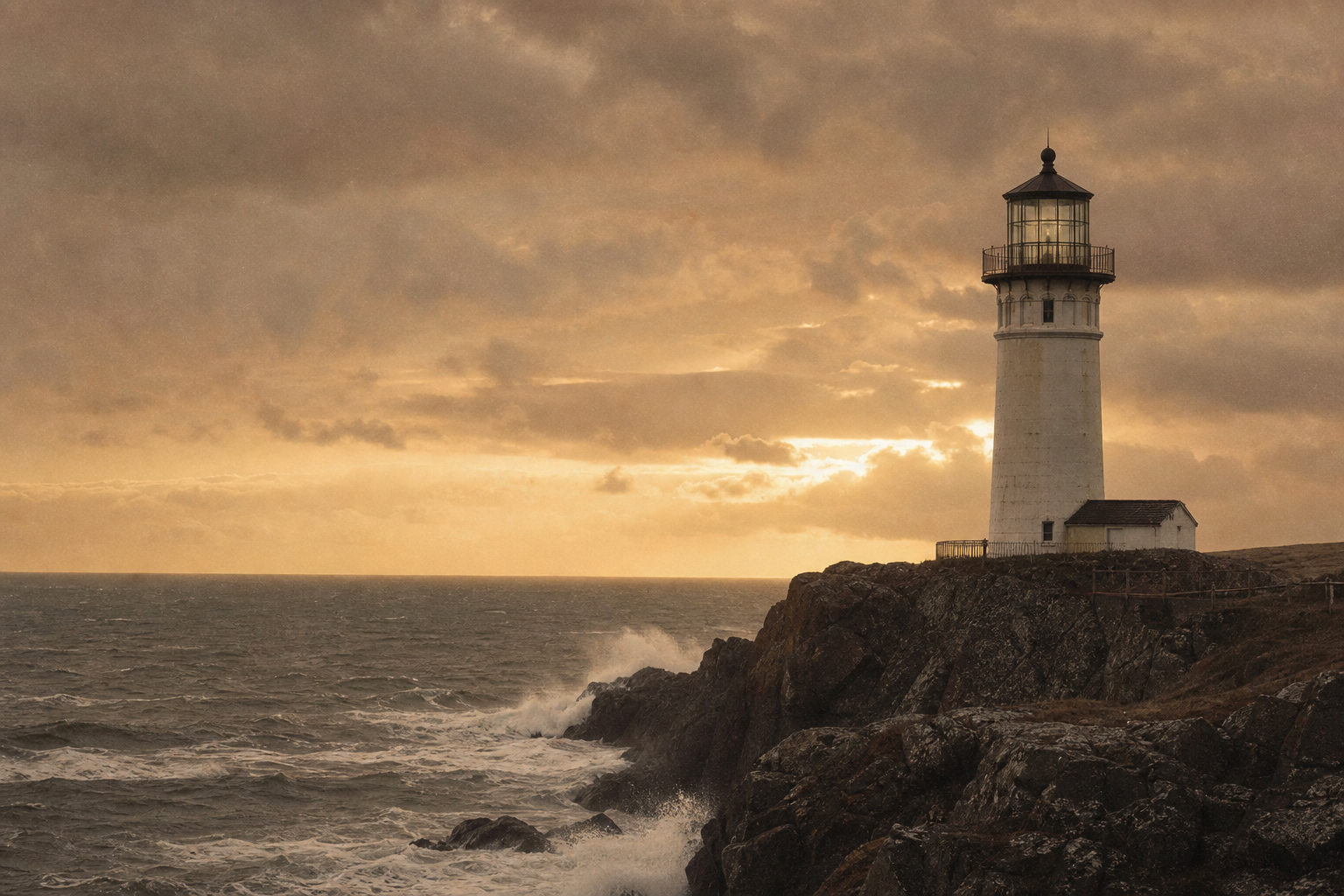 Warm film-style photograph of a northern coastal lighthouse standing above rough sea spray under moody evening light
