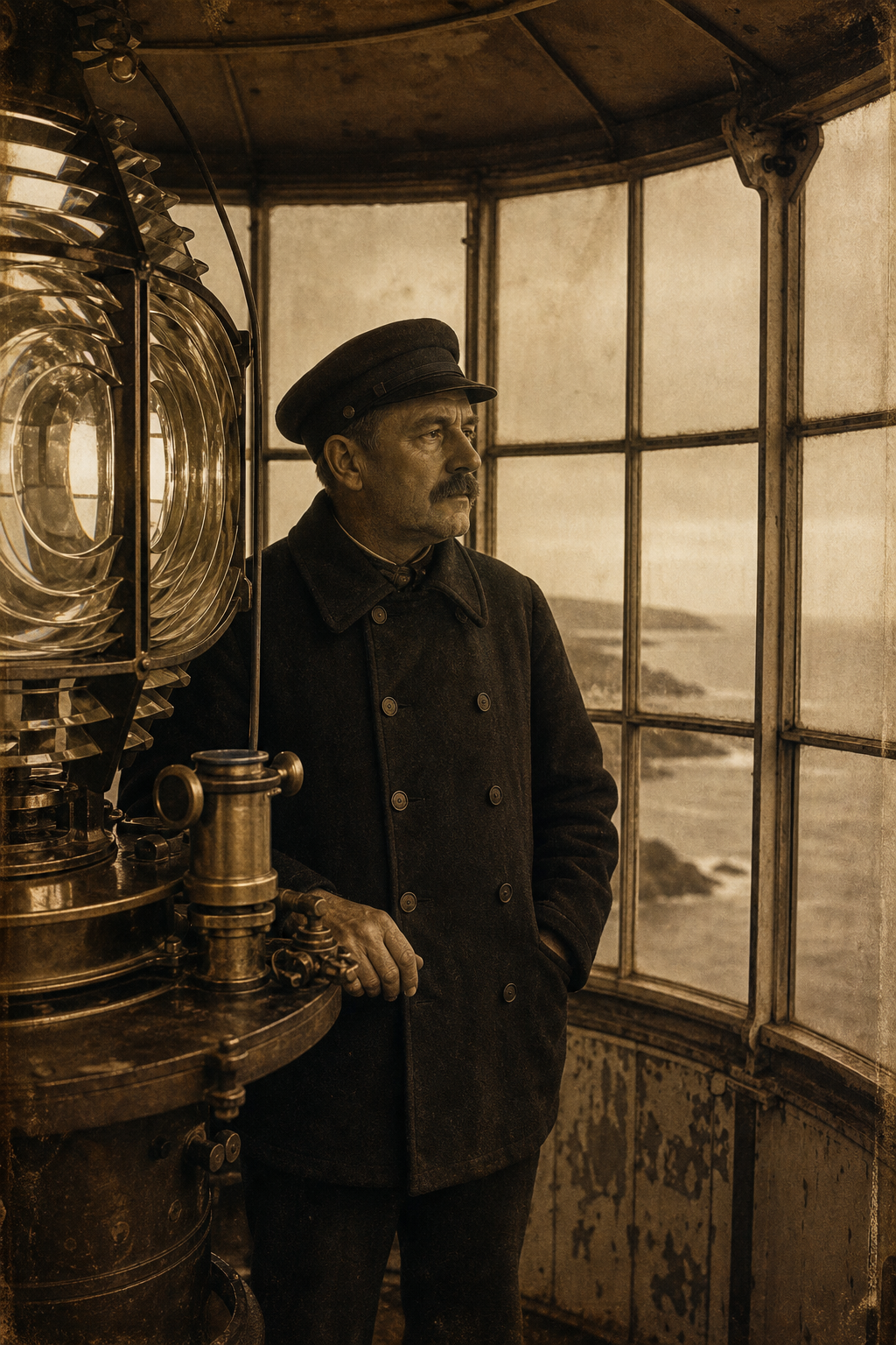 Sepia-toned portrait-style view of a lighthouse keeper inside a lantern room, wearing a heavy wool coat beside brass instruments and weathered glass panes
