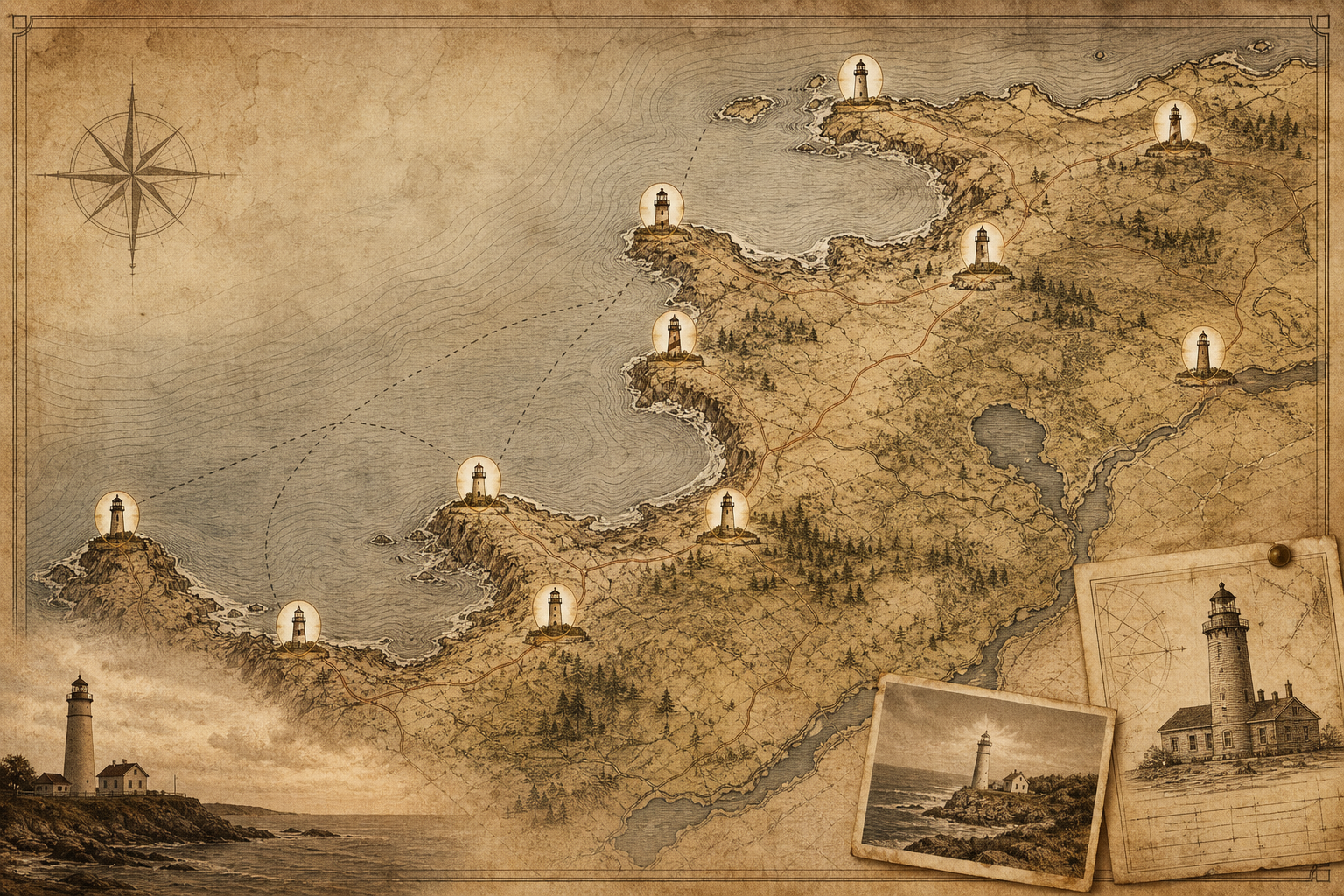 Warm heritage-style illustrated map of the northern coast with marked preserved lighthouse sites, shoreline contours, and route traces