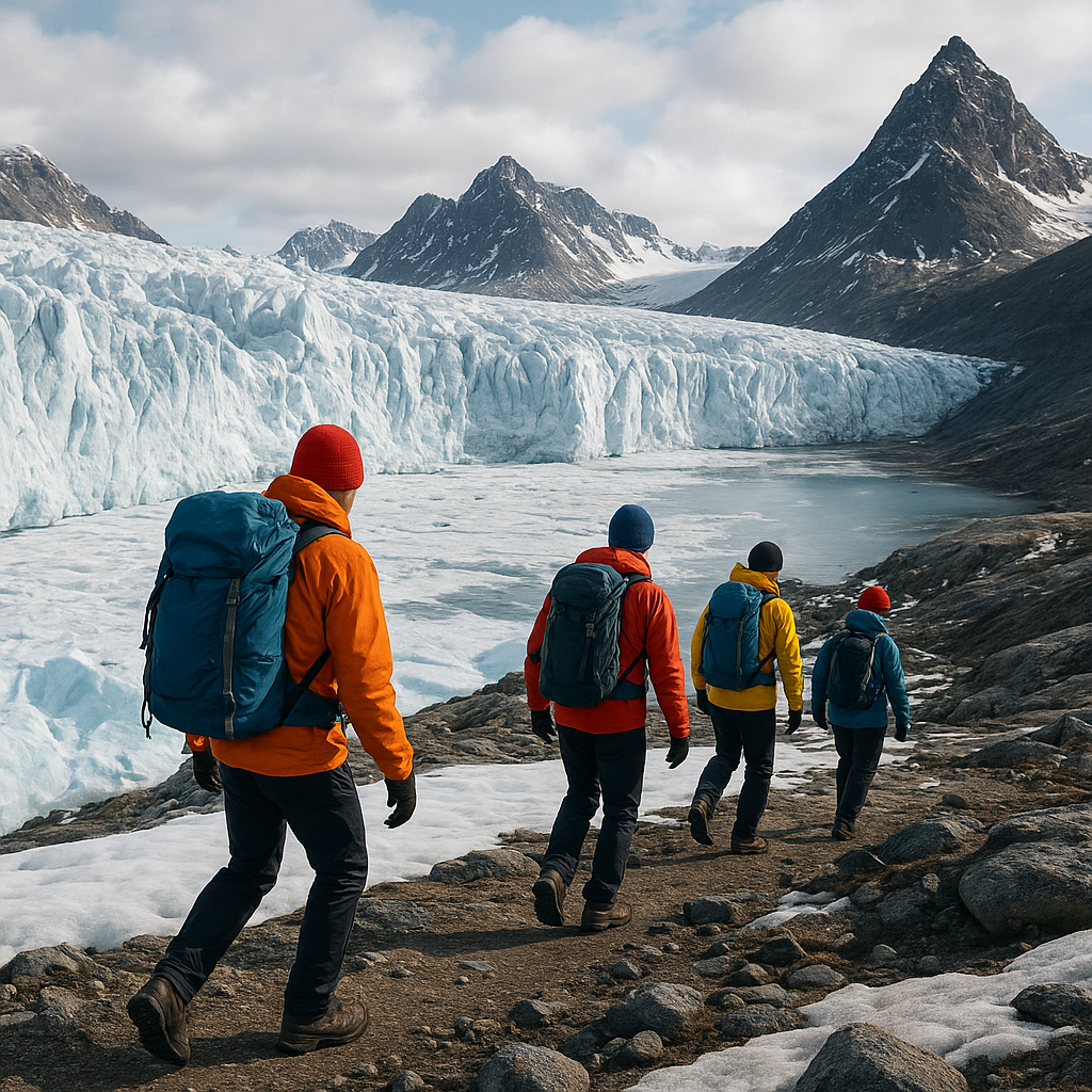 Small expedition group in colorful cold-weather gear hiking beside a glacier with dramatic peaks