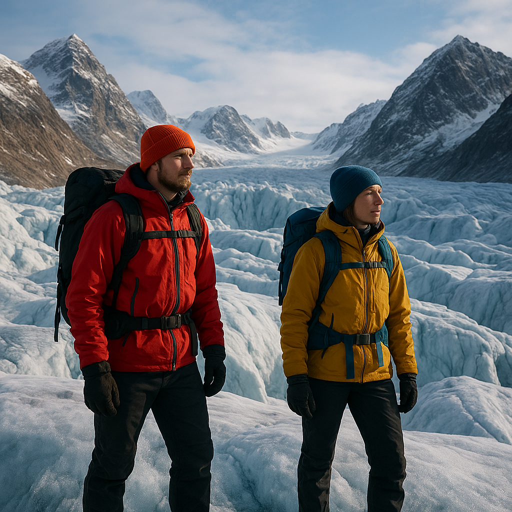Two explorers in bright cold-weather gear standing on a glacier with rugged mountains and ice ridges behind them