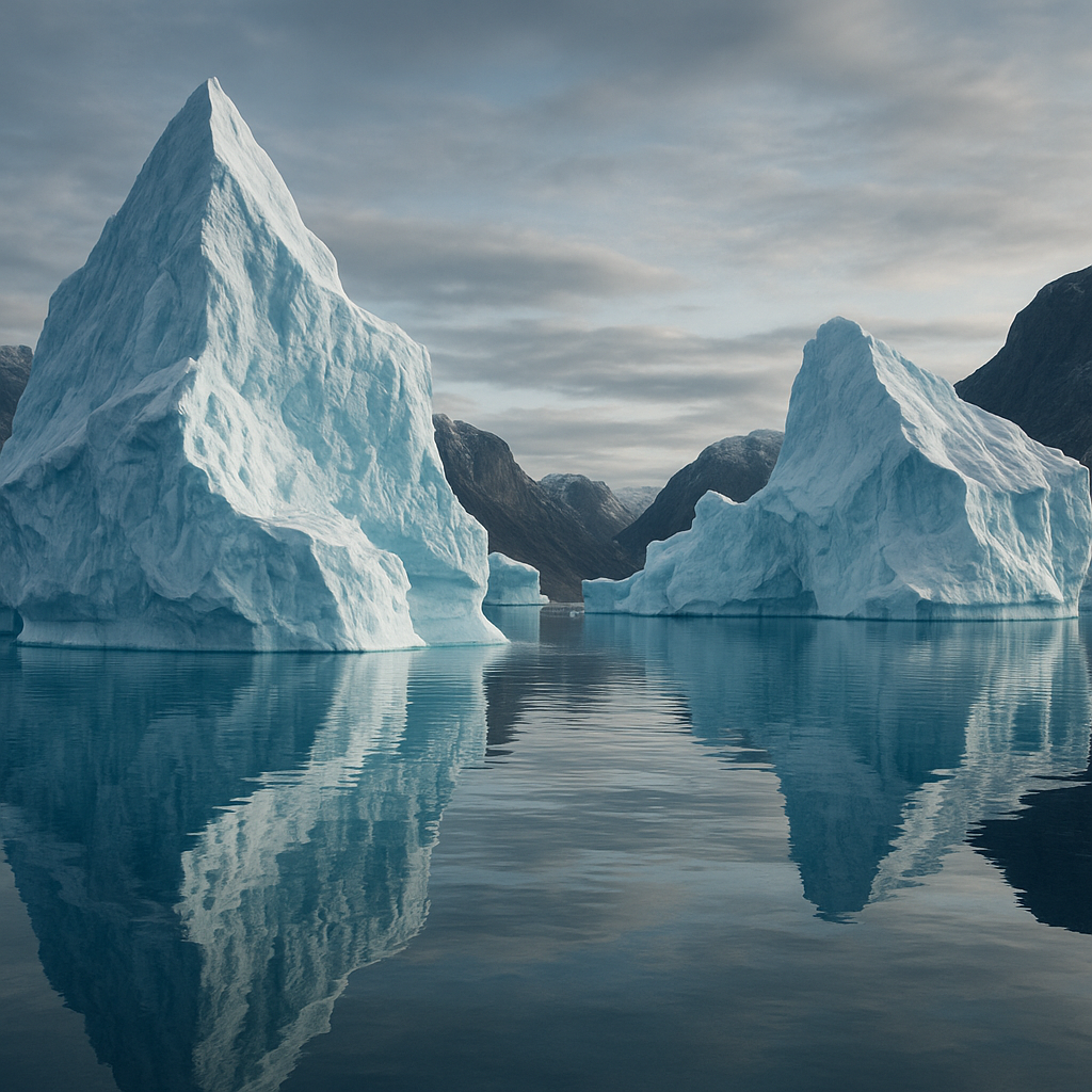 Massive blue-white icebergs drifting through a Greenland fjord under soft Arctic light