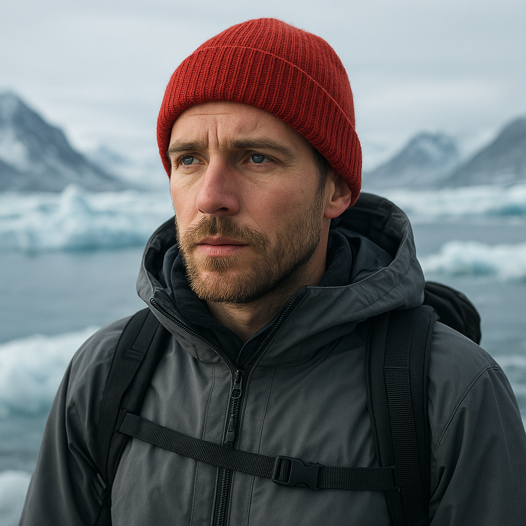Portrait of Anya Kovac, a hiking enthusiast in a red beanie and gray shell