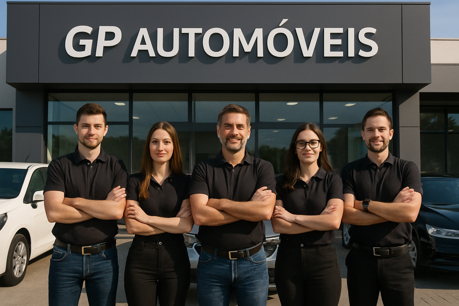 Equipe GP Automóveis em frente à loja, veículos novos e seminovos ao fundo, ambiente moderno e profissional
