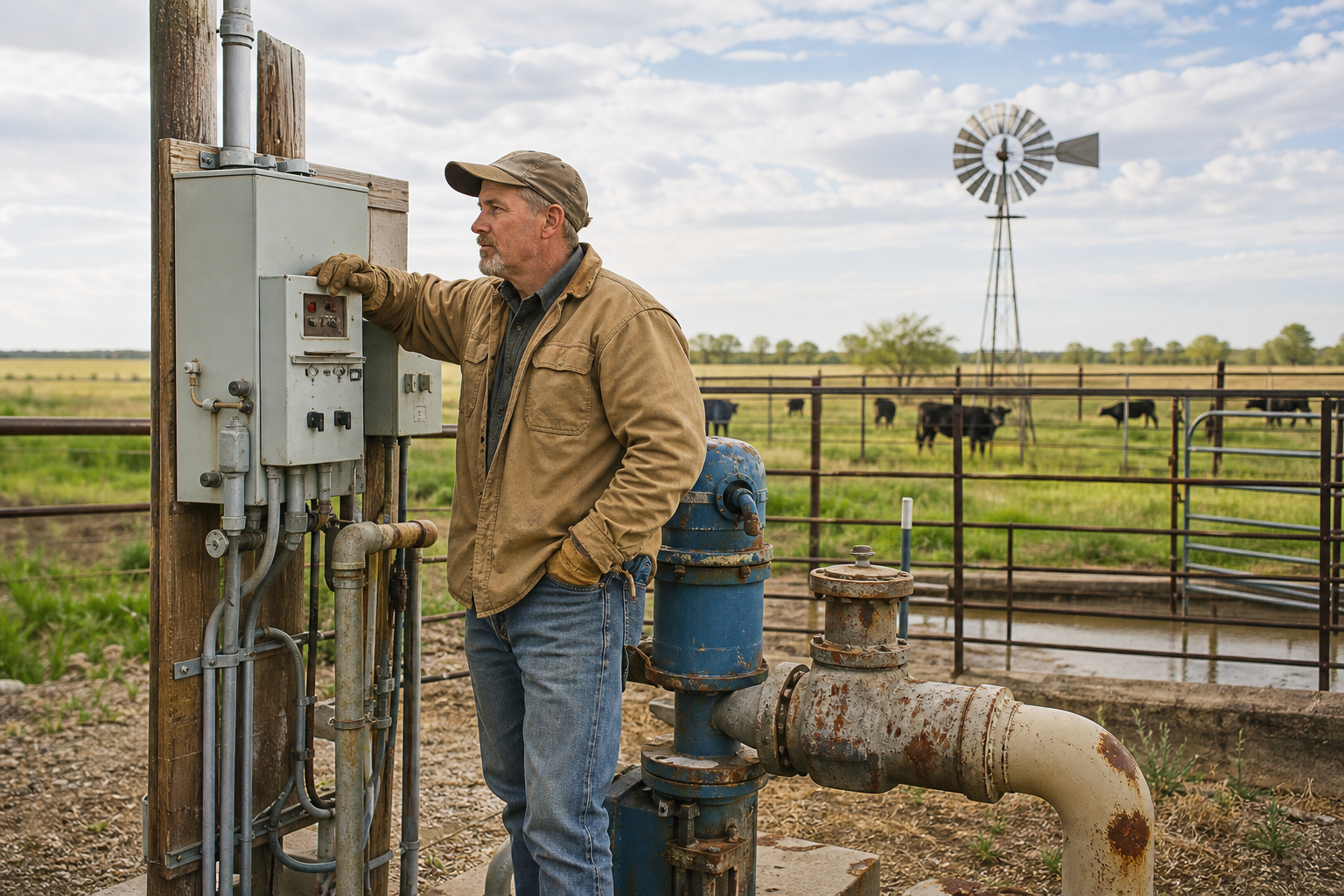 Field technician beside irrigation pump controls and fenced pasture at a working U.S. ranch