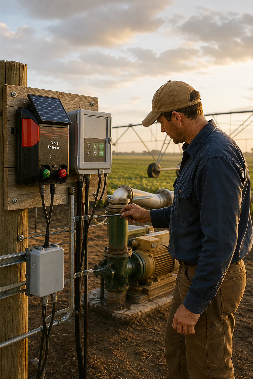 Farm technician checking a fence energizer and irrigation control panel beside a field pump at golden hour