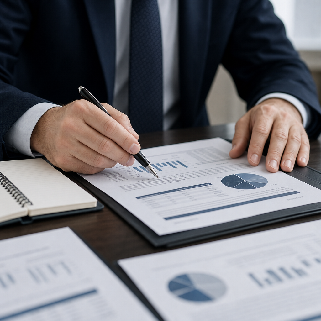 Close-up of professional hands reviewing printed reports with a pen and a notebook on a clean office desk, corporate and restrained