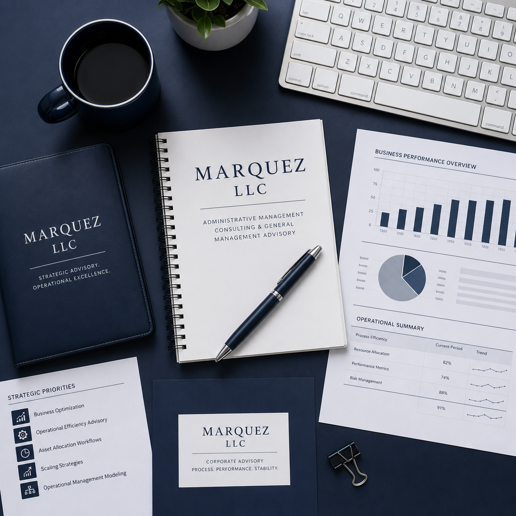 Overhead corporate desk scene with a navy notebook, black pen, slim keyboard, and neatly arranged financial papers on a clean surface