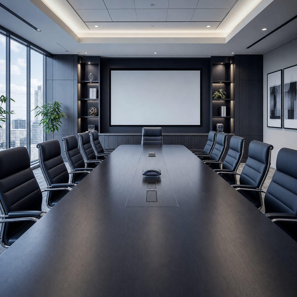 Corporate executive boardroom with a long conference table, high-back chairs, and floor-to-ceiling windows overlooking a city skyline in a deep navy and slate gray palette