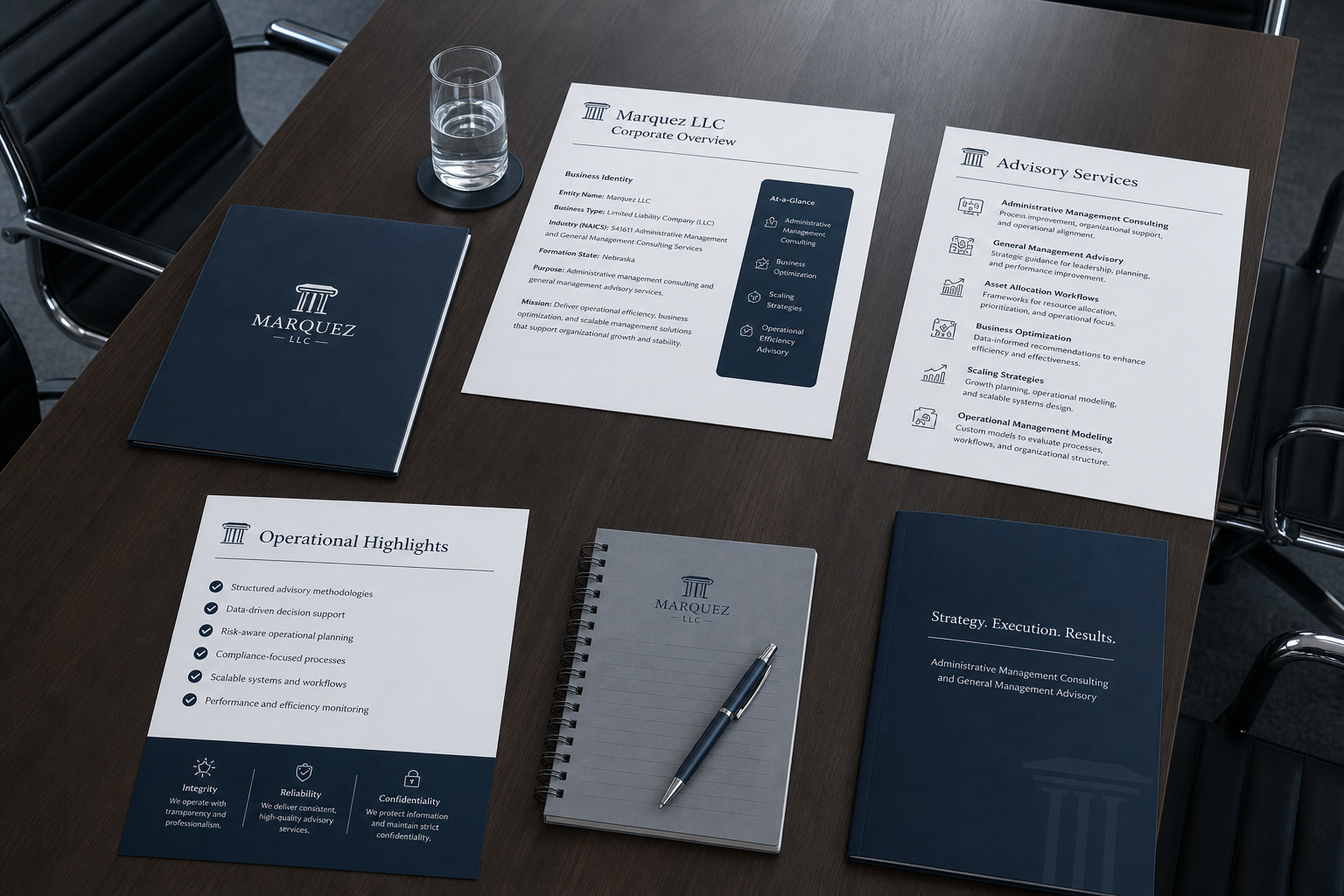 Conference table with neatly arranged documents, a notepad, and a pen under soft diffused office lighting