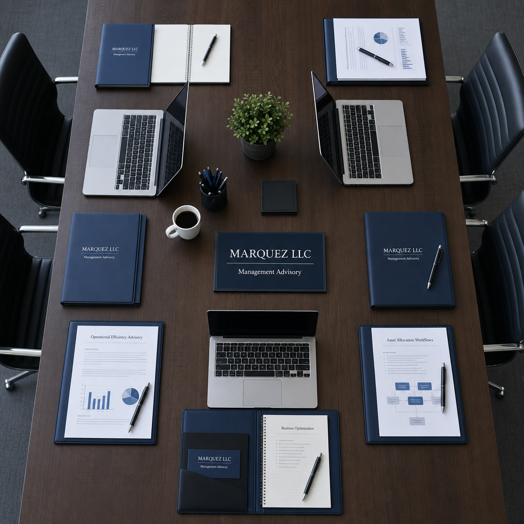 Overhead view of a clean corporate meeting table with organized folders, pens, and open laptops arranged for compliance review