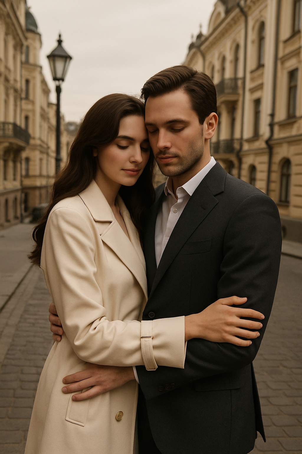 Stylish couple embracing on a quiet Kyiv street with soft evening light