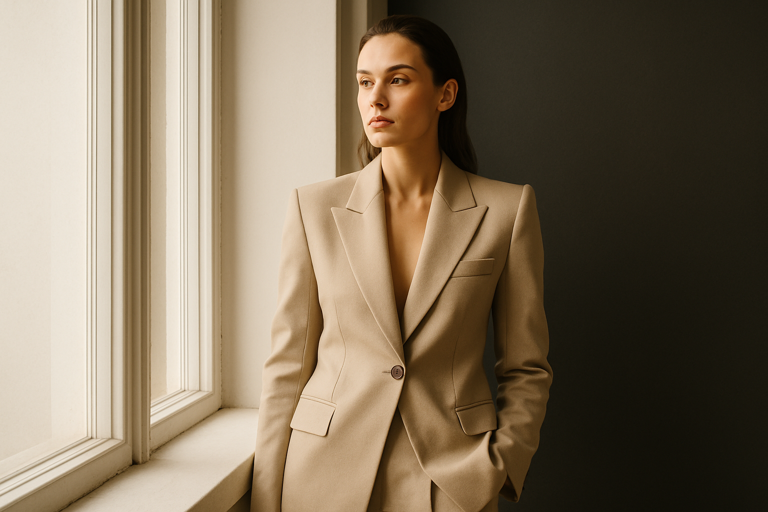 Editorial portrait of a woman in a tailored suit by a large studio window