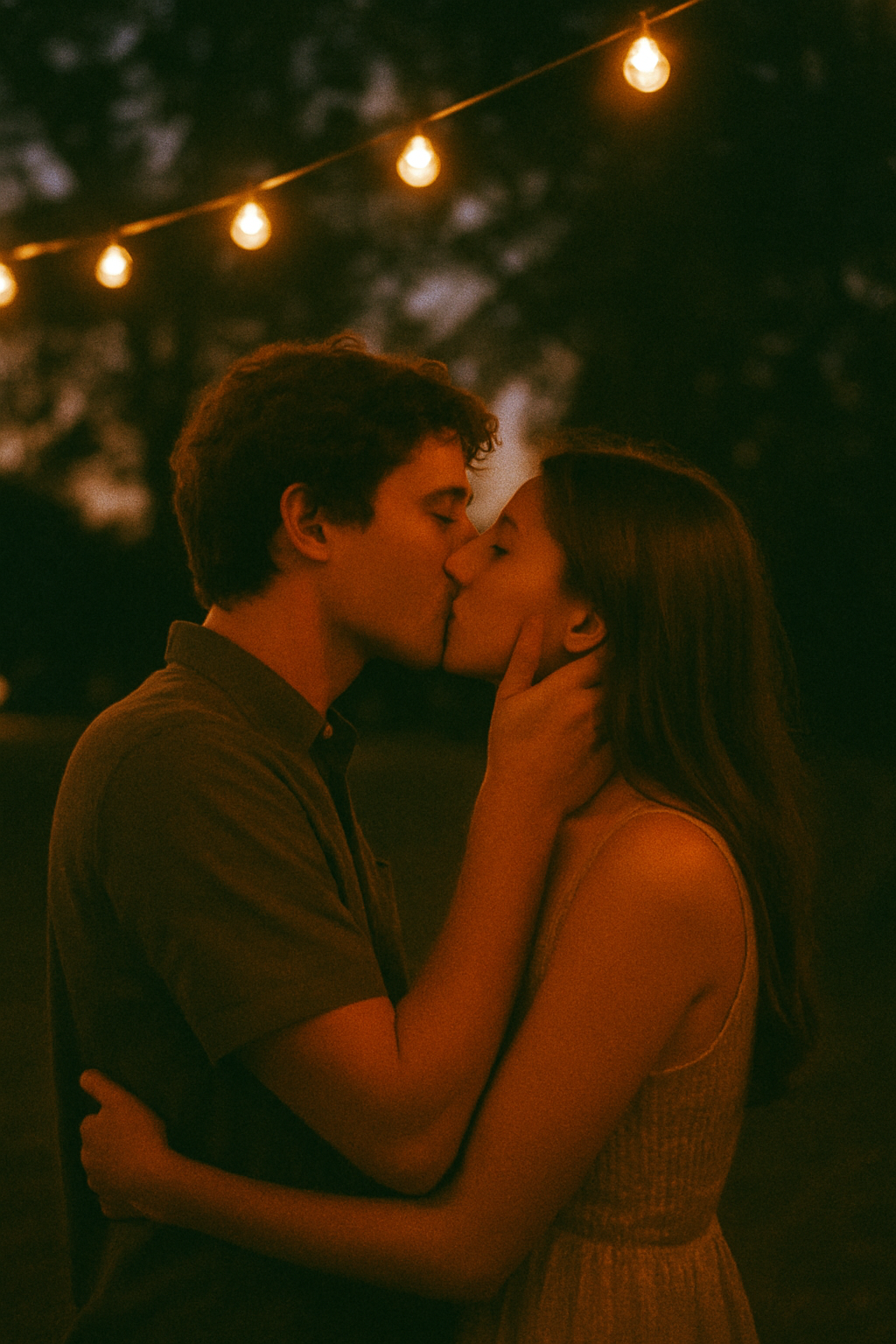 Grainy 35mm style image of a couple sharing a kiss under evening lights