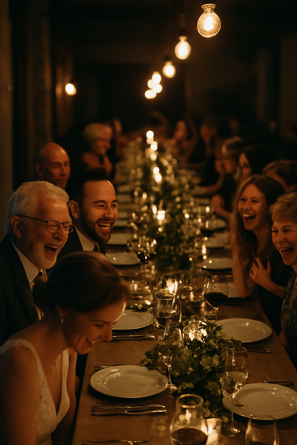 Documentary film-style frame of wedding guests laughing at dinner