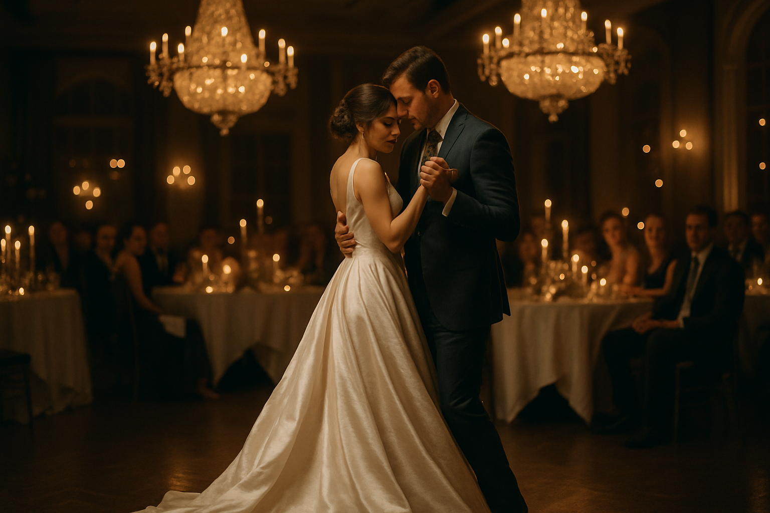 Emotional first dance moment in a candlelit reception hall