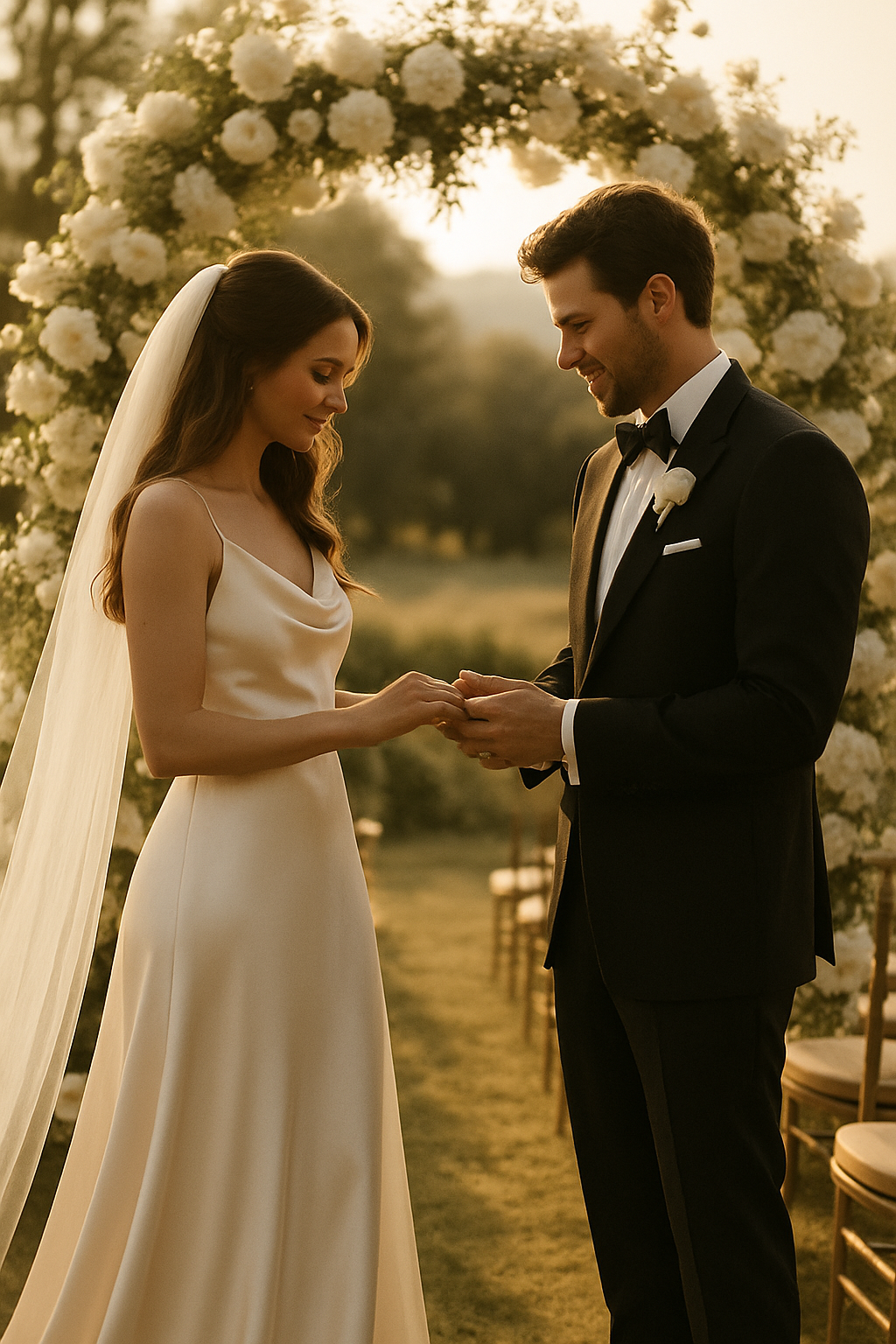 Bride and groom exchanging vows during golden hour in an elegant outdoor ceremony