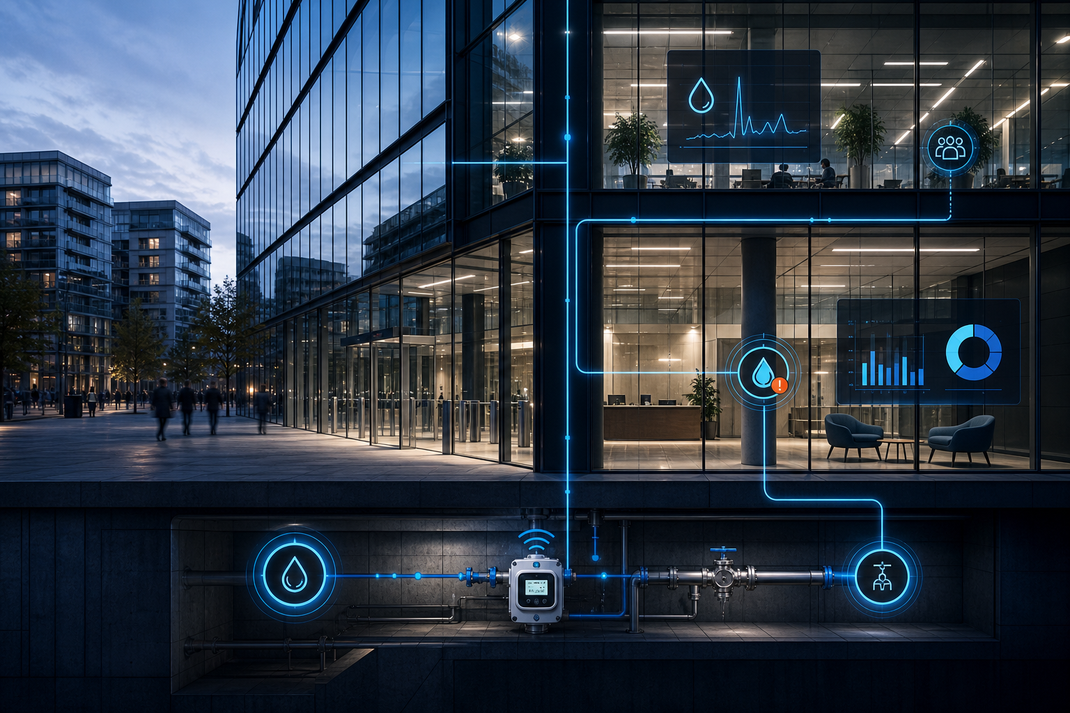 Contemporary UK commercial office and mixed-use building setting with refined blue-toned telemetry overlays showing water flow lines, anomaly detection markers, occupancy correlation nodes, and infrastructure monitoring dashboards in an enterprise schematic style