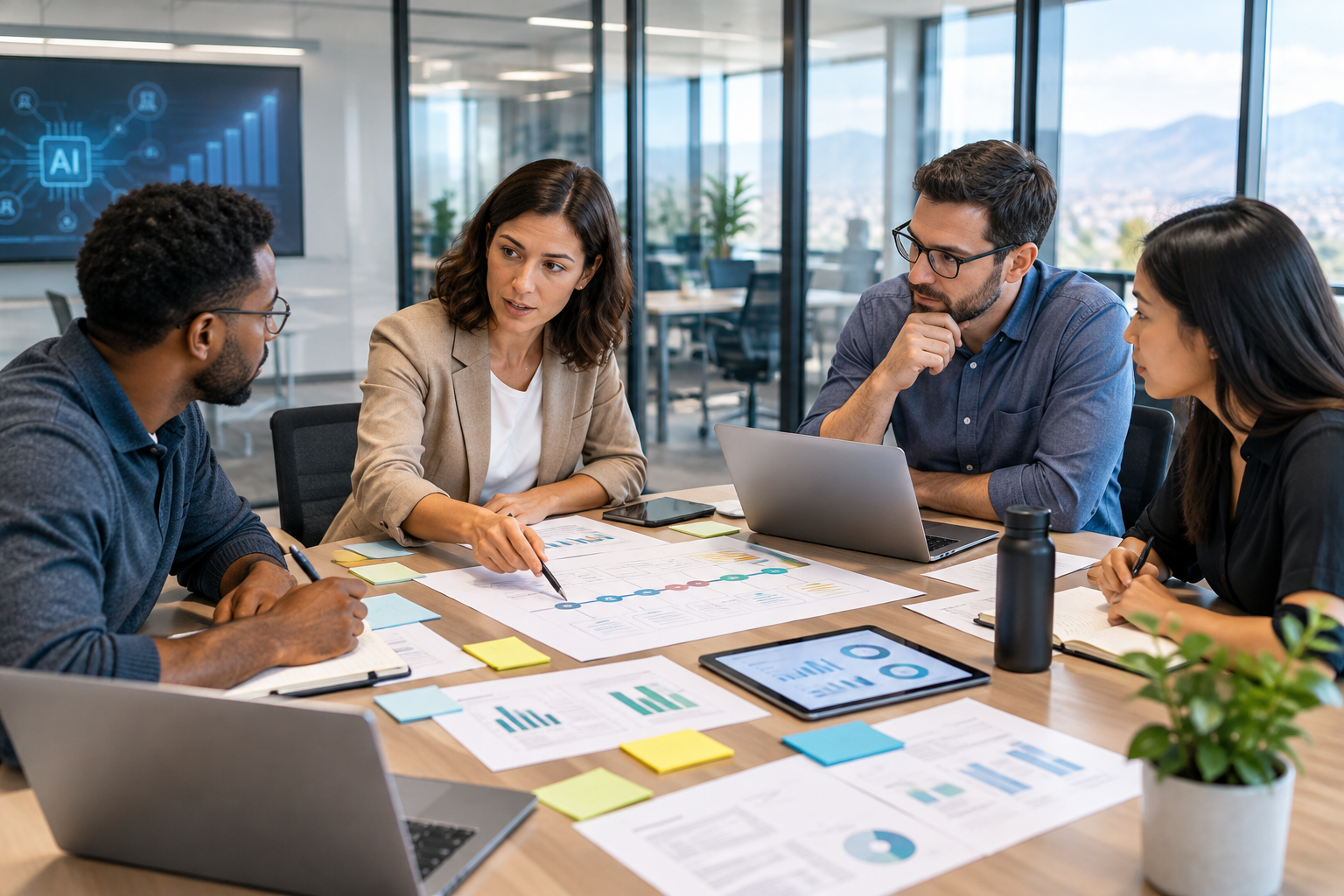 Consulting team in a modern office reviewing growth strategy on a table with laptops and notes