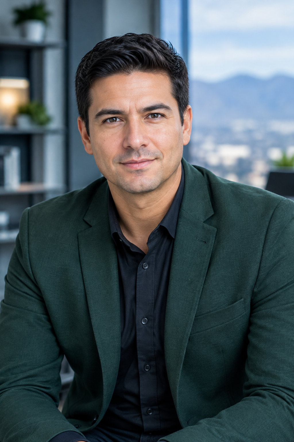 Automation advisor in a modern office setting, professional portrait with deep green jacket and clean background