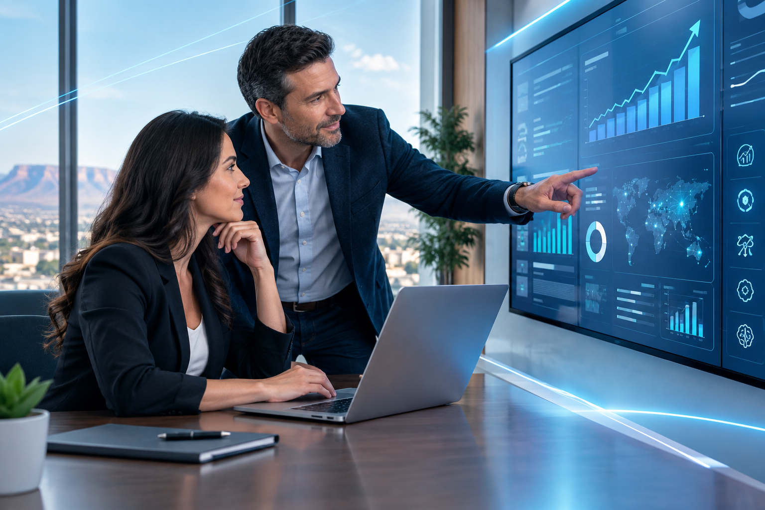 Polished business-technology workspace with professionals, abstract light motifs, interface-like line accents, and soft luminous detail